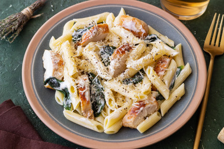 Pasta alfredo with chicken, spinach and cheese. Italian foodの写真素材