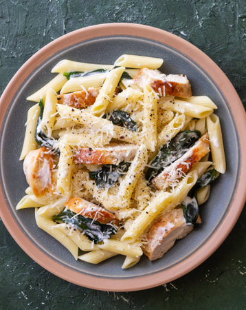 Pasta alfredo with chicken, spinach and cheese. Italian foodの写真素材
