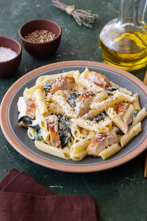 Pasta alfredo with chicken, spinach and cheese. Italian foodの写真素材