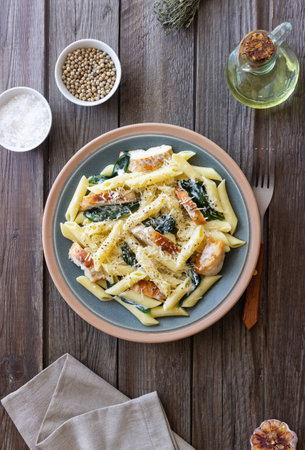 Pasta alfredo with chicken, spinach and cheese. Italian foodの写真素材