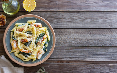 Pasta alfredo with chicken, spinach and cheese. Italian foodの写真素材