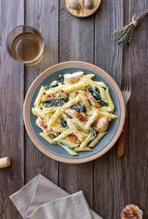 Pasta alfredo with chicken, spinach and cheese. Italian foodの写真素材