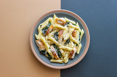 Pasta alfredo with chicken, spinach and cheese. Italian foodの写真素材