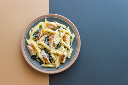 Pasta alfredo with chicken, spinach and cheese. Italian foodの写真素材