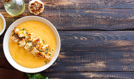Cheese cream soup with croutons. Healthy food. Vegetarian food.の写真素材