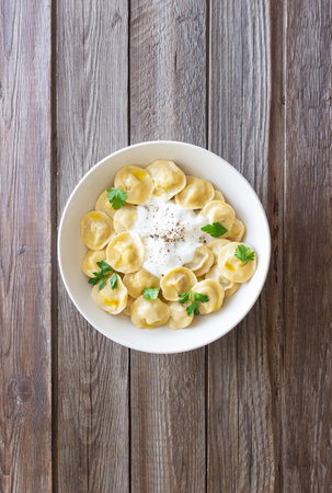 Homemade Russian dumplings. Pelmeni. Traditional Russian Food.の写真素材