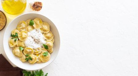 Homemade Russian dumplings. Pelmeni. Traditional Russian Food.の写真素材