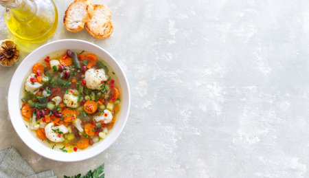 Vegetable soup with cauliflower, beans, carrots and zucchini. Healthy eating. Vegetarian foodの写真素材