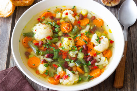 Vegetable soup with cauliflower, beans, carrots and zucchini. Healthy eating. Vegetarian foodの写真素材