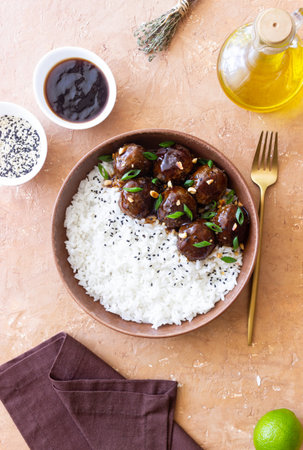 Beef meatballs in teriyaki sauce with rice. Asian foodの写真素材