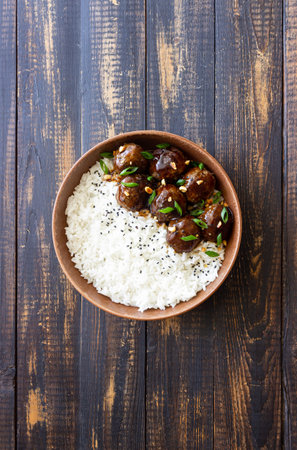 Beef meatballs in teriyaki sauce with rice. Asian foodの写真素材