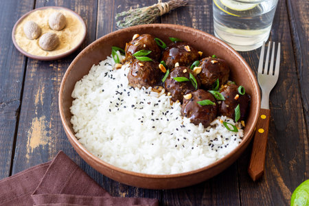 Beef meatballs in teriyaki sauce with rice. Asian foodの写真素材