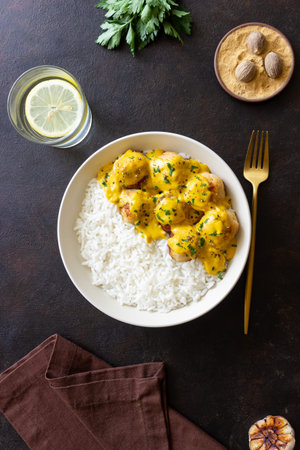 Meatballs in curry sauce with rice. Healthy food. Recipe