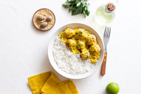 Meatballs in curry sauce with rice. Healthy food. Recipeの写真素材
