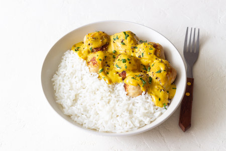 Meatballs in curry sauce with rice. Healthy food. Recipeの写真素材