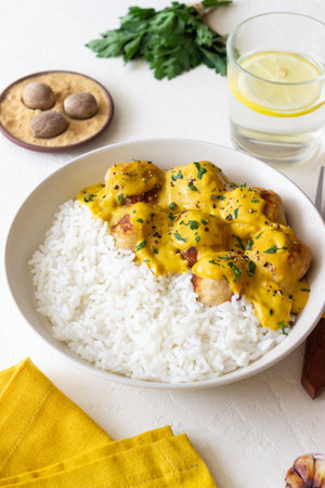 Meatballs in curry sauce with rice. Healthy food. Recipeの写真素材