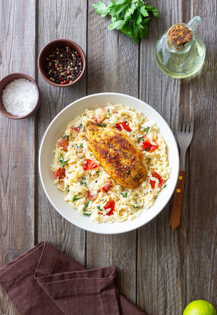Orzo pasta with fried chicken breast, tomatoes and herbs. Italian foodの写真素材