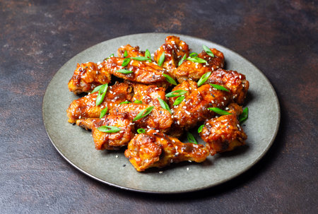Chicken wings in teriyaki sauce with sesame and onion. Asian foodの写真素材