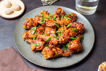 Chicken wings in teriyaki sauce with sesame and onion. Asian foodの写真素材