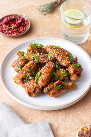 Chicken wings in teriyaki sauce with sesame and onion. Asian foodの写真素材