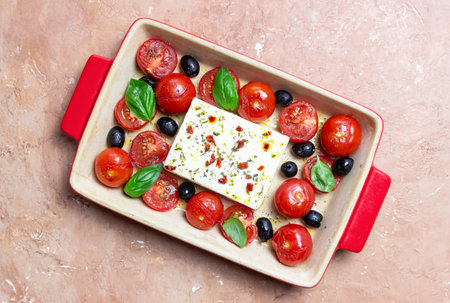 Baked feta cheese with tomatoes and olives. Healthy food. Vegetarian foodの写真素材
