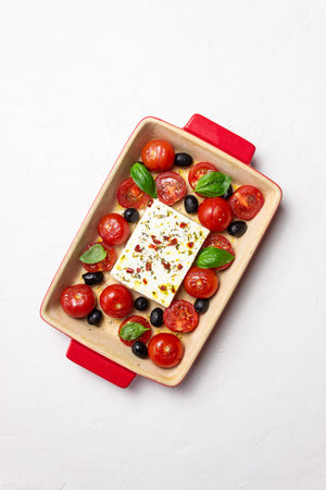 Baked feta cheese with tomatoes and olives. Healthy food. Vegetarian food