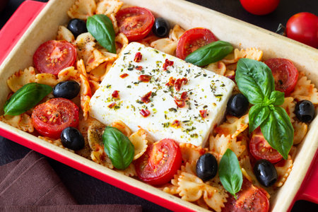 Baked feta cheese with farfalle pasta, basil, tomatoes and olives. Healthy food. Vegetarian foodの写真素材