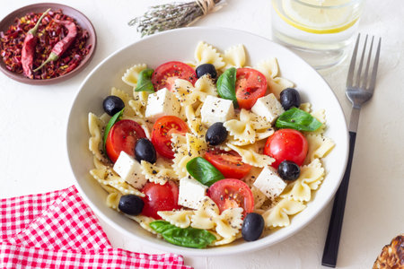 Pasta salad with farfalle, tomatoes, cheese, olives and basil. Italian cuisine. Vegetarian food