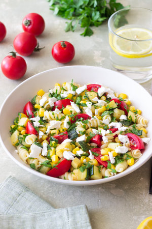 Pasta salad with tomatoes, zucchini, corn and feta cheese. Healthy eating. Vegetarian food.の写真素材