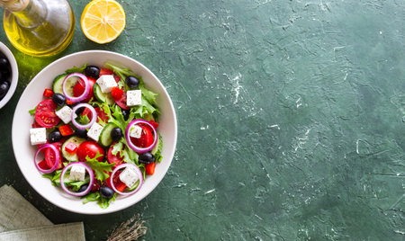 Greek salad with feta cheese, tomatoes, onion, cucumbers, peppers and olives. Healthy eating. Vegetarian foodの写真素材