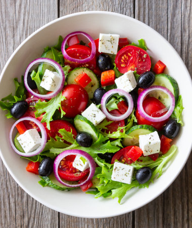 Greek salad with feta cheese, tomatoes, onion, cucumbers, peppers and olives. Healthy eating. Vegetarian foodの写真素材