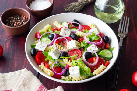Greek pasta salad with feta cheese, tomatoes, onion, cucumbers, peppers and olives. Healthy eating. Vegetarian foodの写真素材