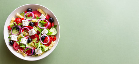 Greek pasta salad with feta cheese, tomatoes, onion, cucumbers, peppers and olives. Healthy eating. Vegetarian foodの写真素材