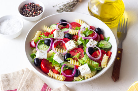 Greek pasta salad with feta cheese, tomatoes, onion, cucumbers, peppers and olives. Healthy eating. Vegetarian foodの写真素材