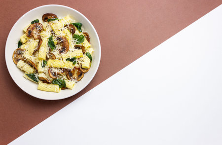 Pasta in a creamy sauce with mushrooms, spinach, and cheese. Italian cuisine. Vegetarian food