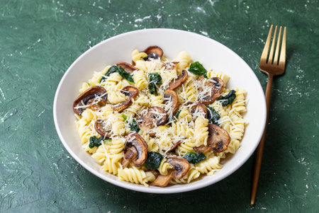 Pasta in a creamy sauce with mushrooms, spinach, and cheese. Italian cuisine. Vegetarian foodの写真素材