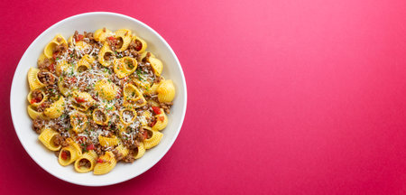 Pasta with bolognese sauce and cheese. Italian cuisine. Traditional recipeの写真素材