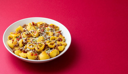 Pasta with bolognese sauce and cheese. Italian cuisine. Traditional recipe