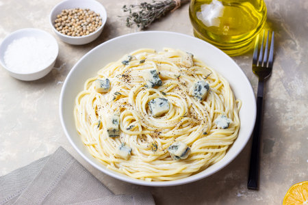 Spaghetti pasta with blue cheese. Healthy eating. Vegetarian foodの写真素材