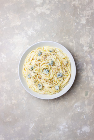 Spaghetti pasta with blue cheese. Healthy eating. Vegetarian foodの写真素材