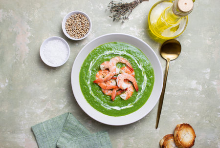 Green broccoli soup with shrimp. Vegetarian food. Healthy eatingの写真素材