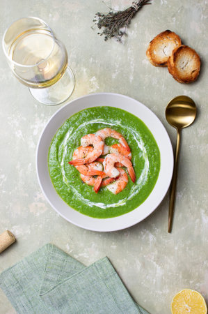 Green broccoli soup with shrimp. Vegetarian food. Healthy eatingの写真素材