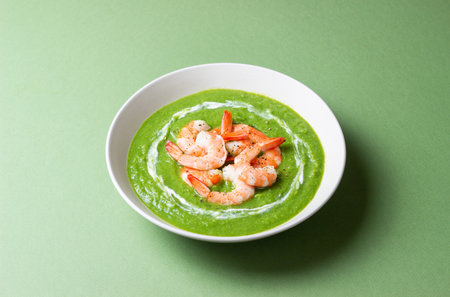 Green broccoli soup with shrimp. Vegetarian food. Healthy eatingの写真素材