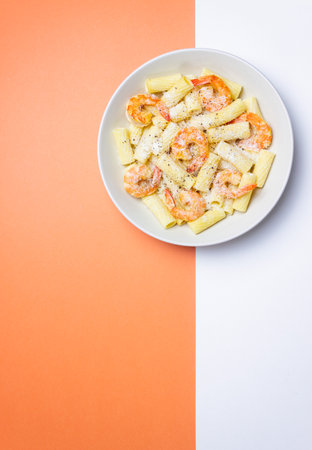 Pasta in a creamy sauce with shrimp and cheese. Seafood. Italian cuisineの写真素材