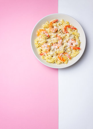 Pasta in a creamy sauce with shrimp and cheese. Italian cuisineの写真素材