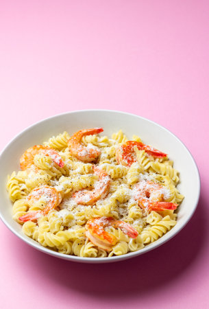 Pasta in a creamy sauce with shrimp and cheese. Italian cuisineの写真素材