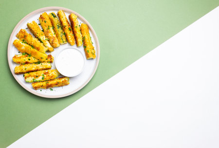 Crispy breaded zucchini sticks with white dipping sauce. Healthy eating. Vegetarian foodの写真素材