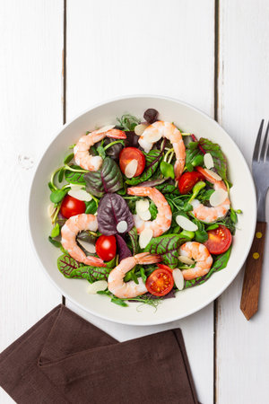 Salad with shrimp, cherry tomato, and almond. Healthy eating. Dietの写真素材