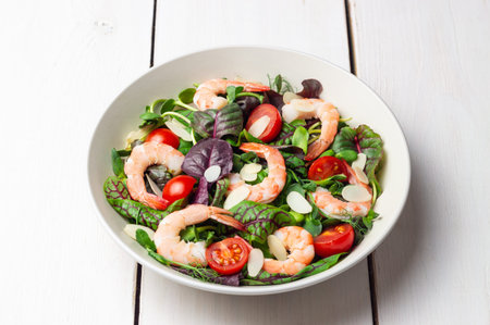 Salad with shrimp, cherry tomato, and almond. Healthy eating. Dietの写真素材