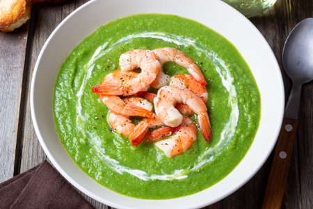 Green broccoli soup with shrimp. Vegetarian food. Healthy eatingの写真素材